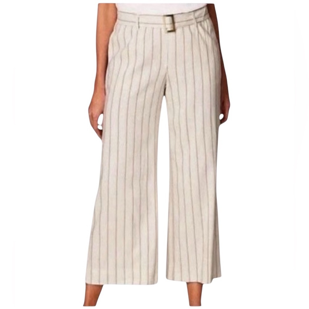 J. Jill Linen Stretch Cream Striped Cropped Belted Pants Wide Leg Small NEW